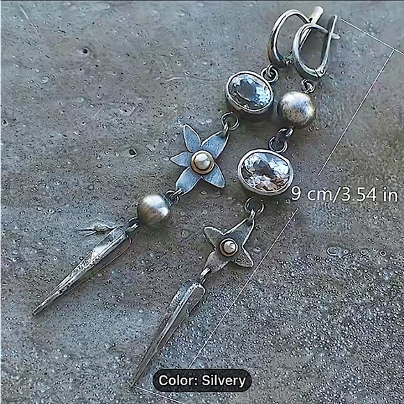 Vintage Irregular Boho Earrings, Geometric, Handmade, Silver, - Picture 2 of 6